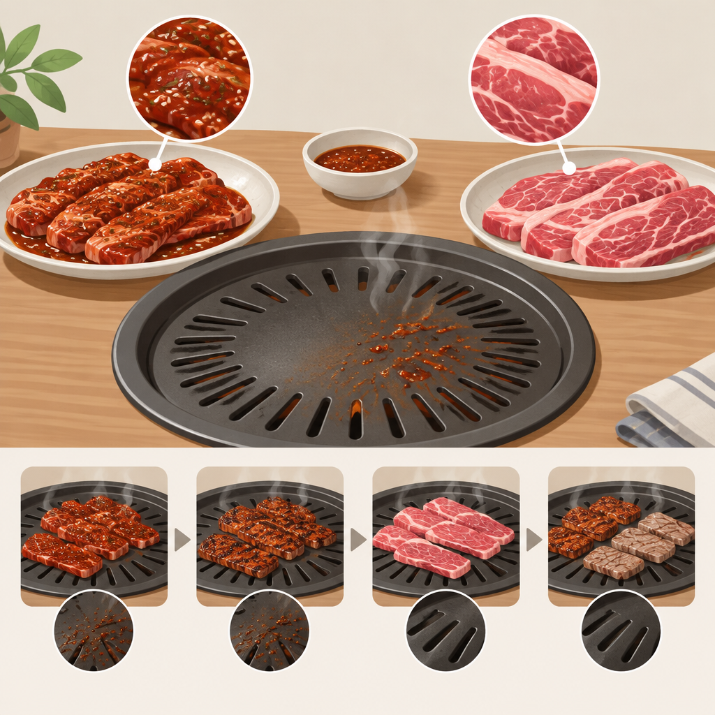 AI 생성 설명 이미지: 안산일동맛집 유니드정육식당 | 양념갈비와 생고기를 함께 구울 때의 순서와 익힘 판단
